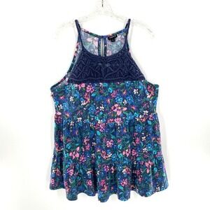 Torrid Womens Tank Top Tiered Crochet Navy Blue Floral‎ Sleeveless Swing Sz 2/XL